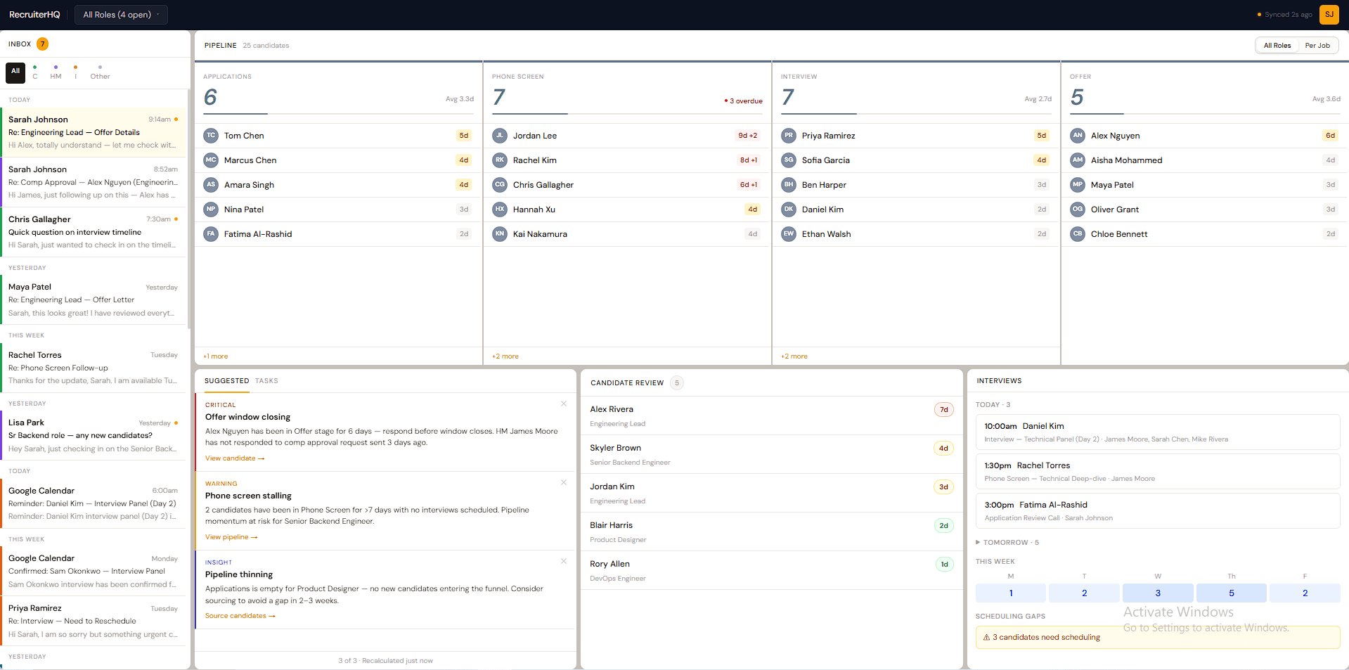 RecruiterHQ dashboard showing email inbox, pipeline stages, suggested actions, candidate review, and interviews