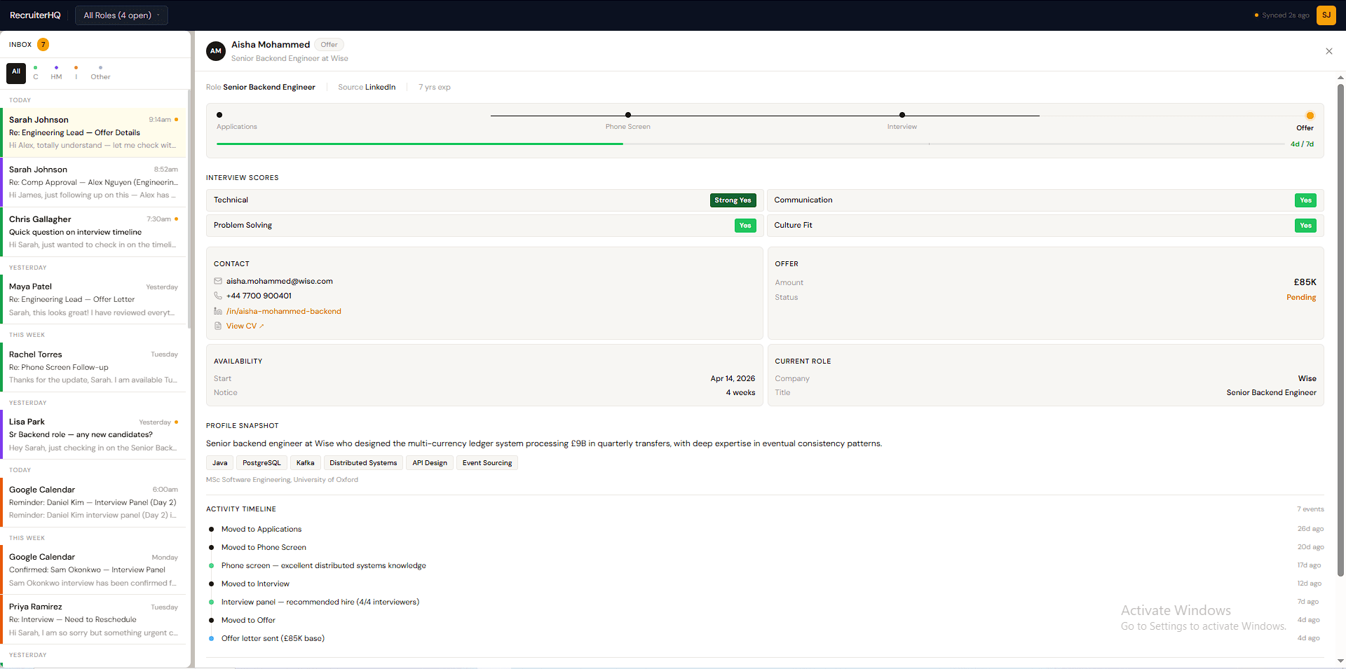 RecruiterHQ candidate panel showing Alex Nguyen's profile, interview scores, contact details, and activity timeline